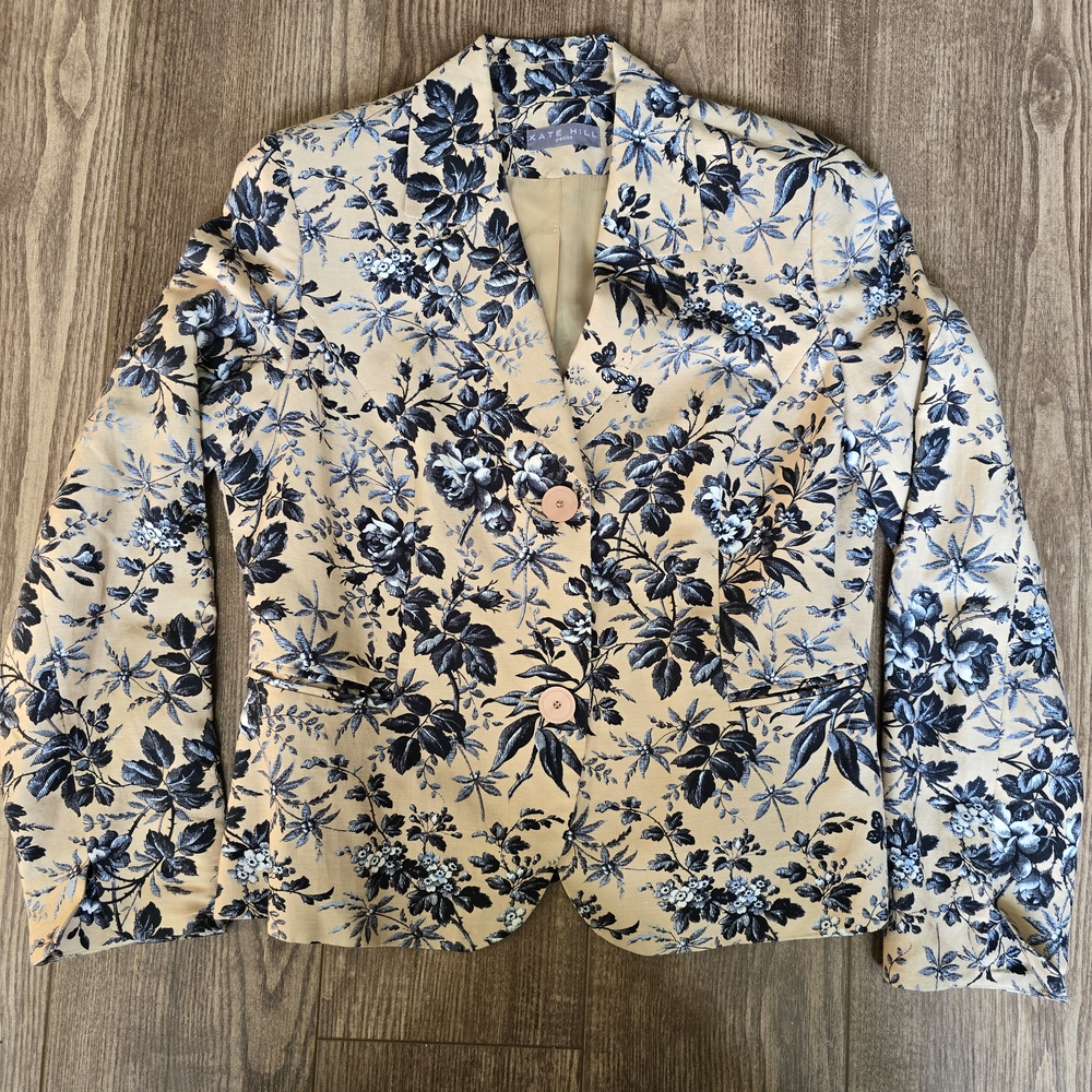 KATE HILL Blazer Womens 8P Tan Navy Floral Linen Blend Pocket Cottagecore Y2K